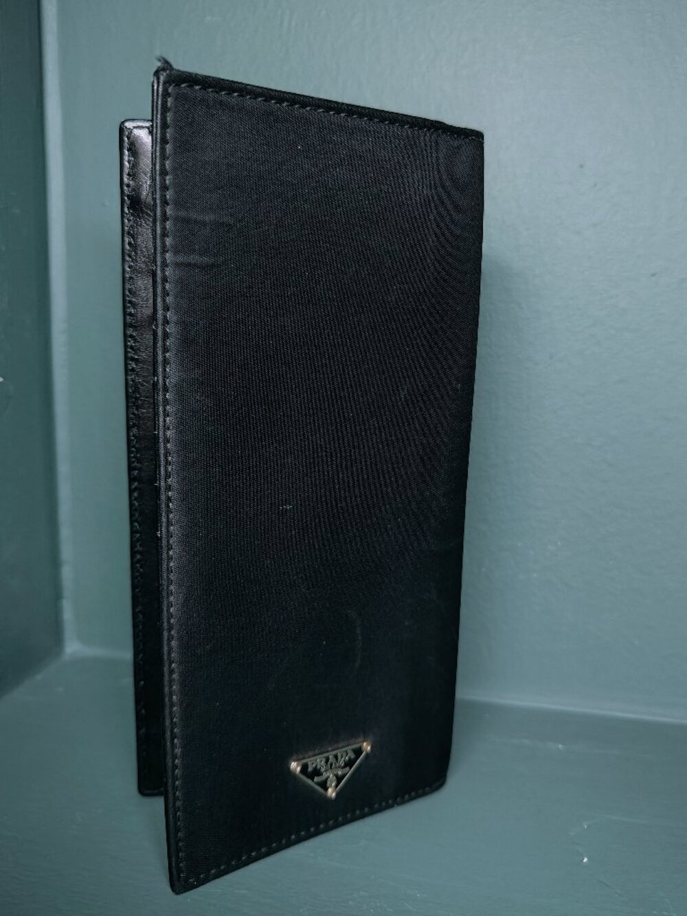 Authentic Prada Logo Plate Nylon Long Bifold Wallet